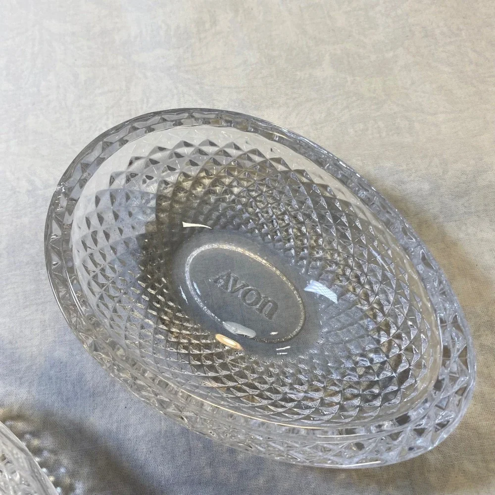 Vintage 1977 Avon Fostoria Clear Glass Egg Trinket Box Covered Soap Dish